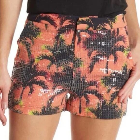 LE SUPERBE Ocean Park Sequin PCH California Palms Shorts Orange Black Size 2 - Picture 1 of 8